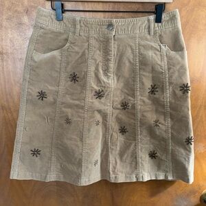 Vintage Tan Brown Corduroy Floral Embroidered A-Line Skirt High Rise Preppy Y2K